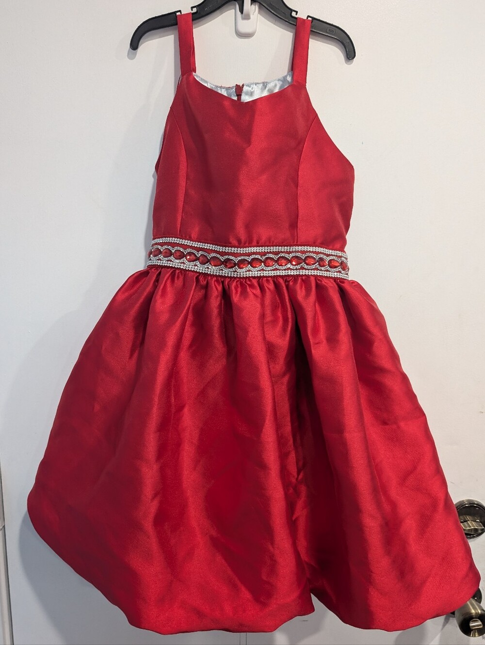 Blue Gorgeous Girl's Sleeveless Red Jewelled Waist Pleated Bubble Dress Size 14